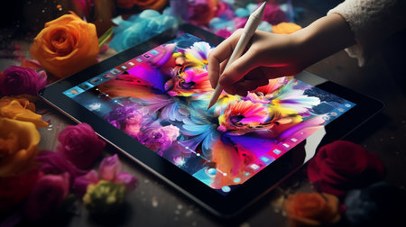 Versatile digital artist uses a stylus to create vibrant, colorful drawings, showcasing a diverse palette. Creative concept for digital art and design.の素材