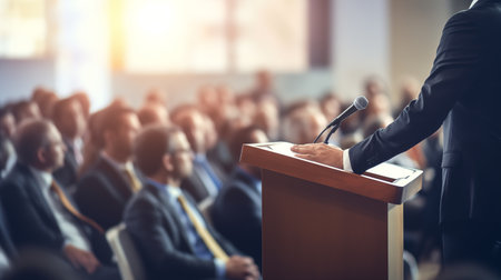 Confident presenter stands at a podium addressing an attentive audience in a spacious auditorium. Professional public speaking and engaging communication in a conference or lectureの素材
