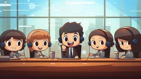 Team conducts a meeting through an internet conference, fostering collaboration and communication, illustrating the modern work environment in a vibrant illustration.の素材