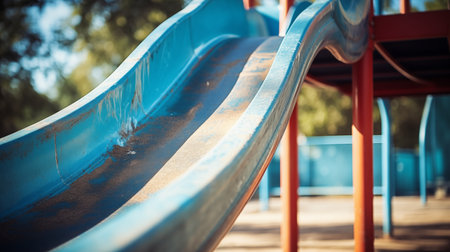 Old playground slide, left in a neglected amusement park, poses a potential danger to players. A cautionary image emphasizing the importance of safety measures.の素材
