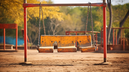 Aged playground swing stands in a children's play area, showcasing the nostalgic charm of vintage play equipment. A scene of childhood memories and simplicity.の素材