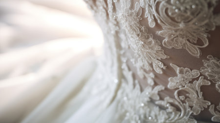 breathtaking white bridal gown intricately embellished with beautiful floral embroidery, showcasing intricate details and timeless elegance for an enchanting wedding day.の素材