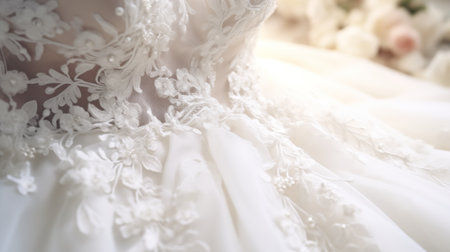 close-up view of a stunning white bridal gown adorned with intricate flower embroidery, detailed and delicate, creating an extraordinary look for a special wedding day.の素材