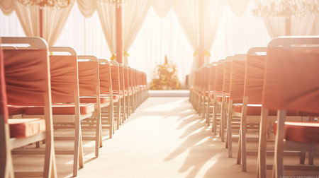 Wedding ceremony room is set with empty chairs, ready to witness the sacred union, creating an atmosphere of anticipation and excitement for the forthcoming vows.の素材