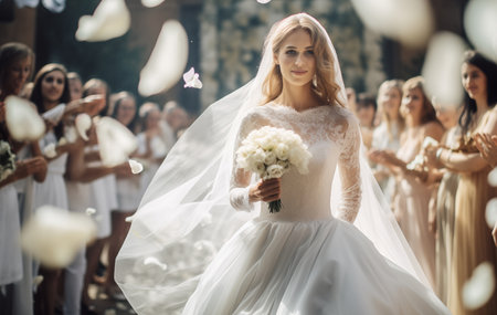 The stunning bride, holding a bridal bouquet, walks gracefully through the wedding crowd, radiating beauty and elegance, creating a captivating presence in the matrimonial celebratの素材