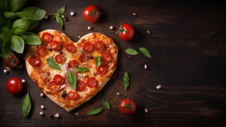 Delight in a heart shaped pizza, topped with tomatoes and basil, specially crafted for loving couples. A romantic culinary experience to share and savor together.の素材