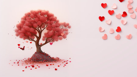 Stunning red leaved tree adorned with numerous tiny heart shapes, symbolizing love that surrounds us in the beauty of nature's intricate and enchanting details.の素材