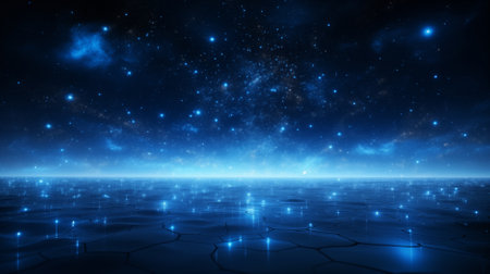 Luminous particles dynamically interact within a virtual, abstract dark space background, creating a mesmerizing display of cosmic motion and ethereal beauty.の素材