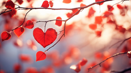 Romantic symbolism unfolds as red heart-shaped leaves gracefully embellish the tree, evoking love's essence in nature's embrace, a poignant display of romance and enchantmentの素材