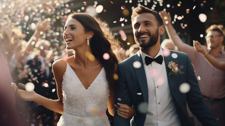 The groom and bride smile happily in the exceptionally special atmosphere of their wedding, creating a joyful ambiance filled with love and celebration.の素材
