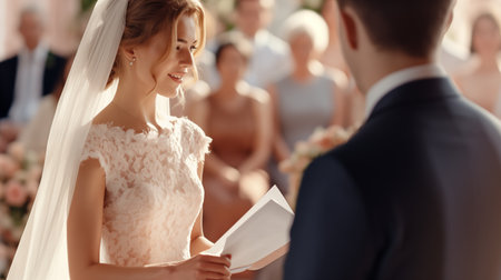 Enchanting joyous bride and groom exchanging vows during the wedding ceremony, accompanied by the beauty of their commitment and celebration.の素材