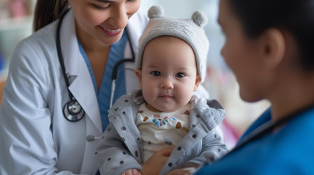 Pediatrician conducts health checkups for infants, promoting their well-being and ensuring a healthy start to life through attentive and specialized care.の素材