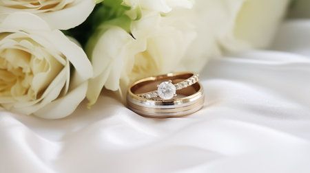 Wedding rings for the groom and bride, embedded with small diamons, exchanged sweetly in a tender wedding ceremony, symbolizing their love and commitment.の素材