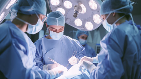 Skilled and cohesive surgical team meticulously performs procedures in the sterile operating room, utilizing advanced techniques to ensure successful.の素材