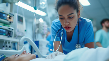 Dedicated nurses provide compassionate care to hospitalized patients, delivering attentive and empathetic treatment in the hospital setting, ensuring their well-being with genuineの素材