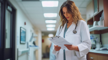 Dedicated female doctor stands, attentively reading medical charts and documents for the purpose of providing effective medical treatment and care with precision and focus.の素材