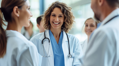 Dynamic team of healthcare professionals engaged in collaborative discussions, showcasing diversity, unity, and teamwork as they strategize patient care in a hospital setting.の素材