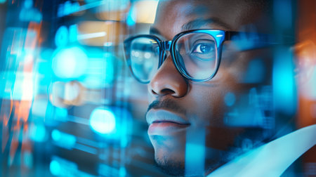 Young man looks through glass, observing the outside ambiance through the reflections of shadows, colorful lights, and the cityscape.の素材