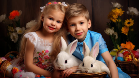Boy and girl joyfully with bunnies and eggs, gathering materials to create Easter eggs, creating cherished memories filled with laughter and happiness.の素材
