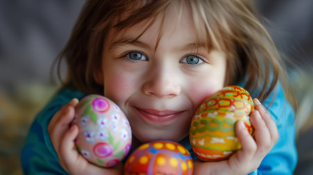 The girl delights in the happiness brought by beautifully decorated Easter eggs, enjoying the intricate designs and vibrant colors that enhance the festive atmosphere.の素材