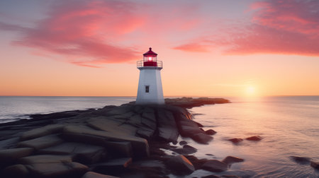 In the evening, a lighthouse stands resilient in the sea, its guiding light illuminating the path for ships, ensuring a safe arrival at the coastline.の素材