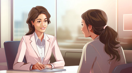 Illustration of Interviewer and candidate engage in a mutually beneficial conversation, exchanging thoughts and information during an interactive and positive discussion.の素材