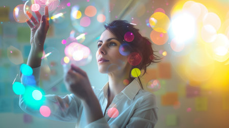 Vibrant brainstorm, a businesswoman actively participates, contributing ideas that permeate the air, reflecting her dynamic involvement in the creative session.の素材