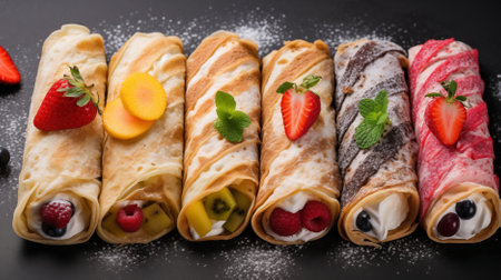 Artful crepe folding, a symphony of flavors unfolds with a variety of fruits, berries, and decadent whipping cream, creating a delightful culinary masterpiece.の素材