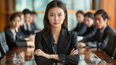new-generation business woman, displaying formal leadership and authority, confidently prepares for a meeting, aiming to guide the business to success with determination.の素材