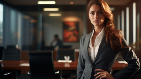 Poised businesswoman stands in a meeting room, fully prepared to lead the business to success with confidence, determination, and strategic planning.の素材