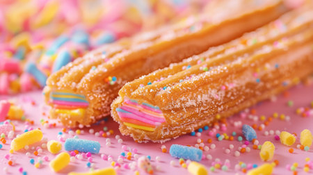 churros, a delightful fried dough treat elongated and topped with both sugar and sprinkles. A sweet, crispy delight perfect for satisfying your dessert cravings.の素材
