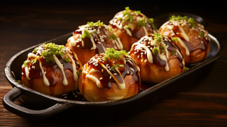 Takoyaki, a Japanese delight, features octopus-filled dough balls expertly grilled and drizzled with Worcester sauce and mayonnaise, creating a mouthwatering culinary fusion.の素材