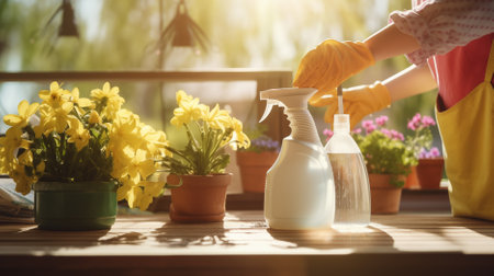 Person diligently tends to watering the indoor plants and flowers nurtured within their home, ensuring their growth and vibrancy.の素材