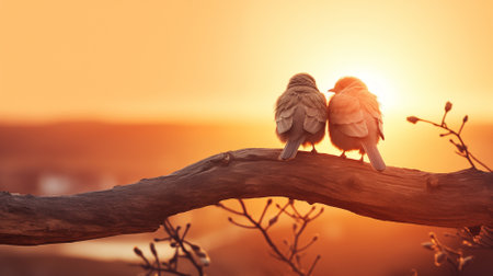 Two lovebirds perched together on a branch during twilight, symbolizing romance, a magical scene under the evening sky, capturing the essence of romantic love.の素材