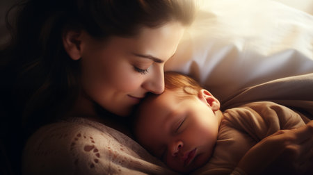 Mother's gentle embrace, a haven of warmth and love cradles her newborn, a precious gift entrusted to her care.の素材