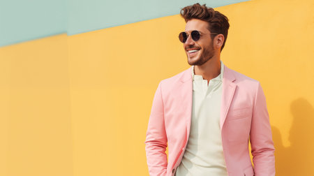 Fashionable man wears spring attire featuring soft pastel colors, adding a touch of elegance and sophistication to his seasonal wardrobe.の素材