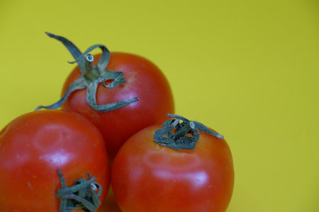 Tomatoes on a yellow background, close-up, selective focusの写真素材