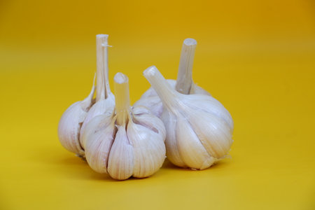 Garlic on a yellow background. Garlic on a yellow background.の写真素材