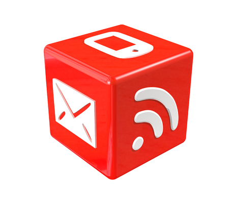 3d red cube with communication symbolsの写真素材