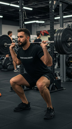 Focused Man Performing Barbell Squats at the Gymの素材