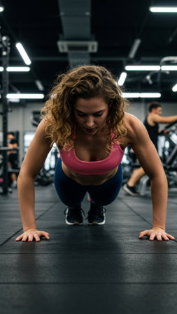 Focused Young Woman Performing Push-up in Gymの素材
