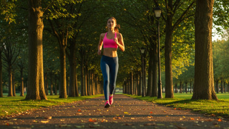 Young Woman Jogging Through a Sunny Park Avenueの素材