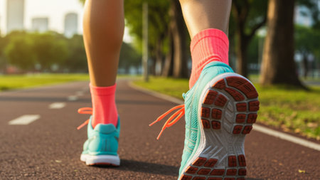 Vibrant Running Shoes on a Sunny Park Pathの素材