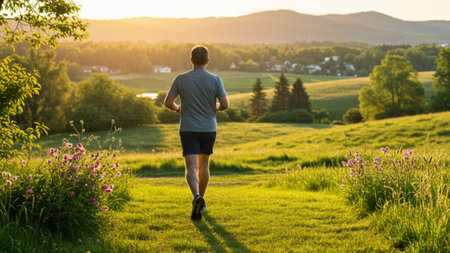 Man Running Through Golden Hour Countryside Fieldsの素材