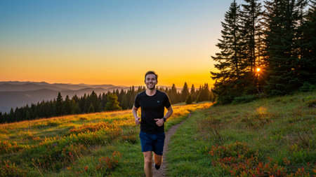 Happy Runner on a Scenic Mountain Trail at Sunsetの素材
