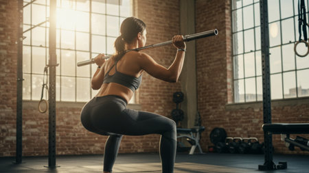 Focused Woman Doing Barbell Squats in Gymの素材