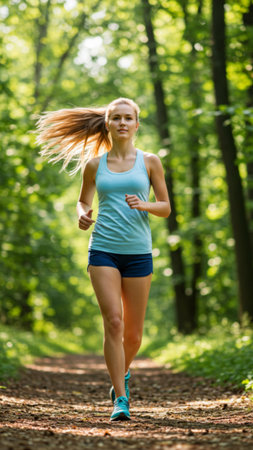 Young Woman Jogging on a Lush Forest Pathの素材