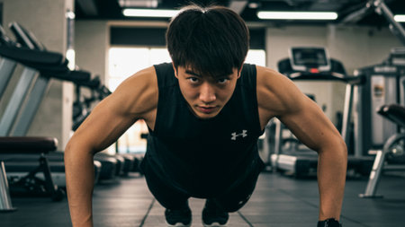 Focused Young Man Performing Push-Up in Gymの素材