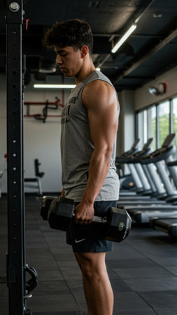 Young Man Focused on Weight Training in Gymの素材