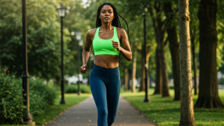 Energetic Young Woman Running in a Parkの素材